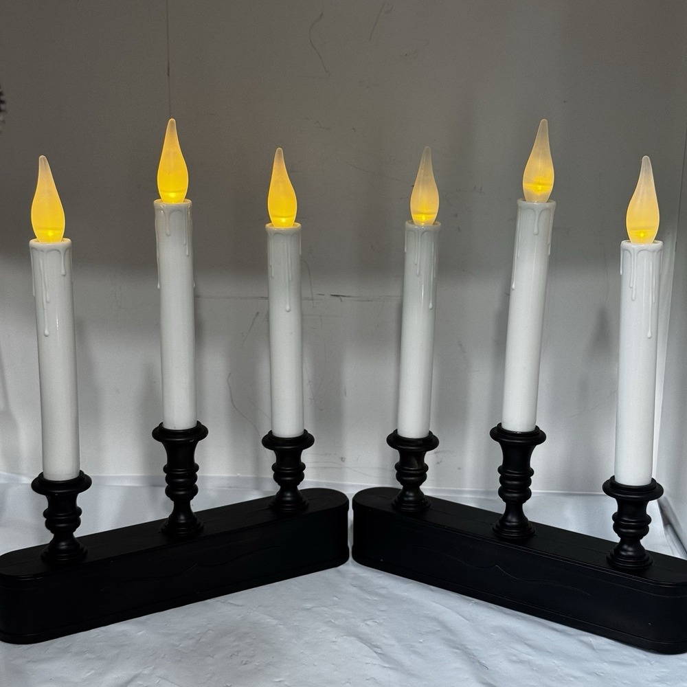 2 Set 11" 3 Light Black/White Battery Operated Window Sill Mantle Candles Goth